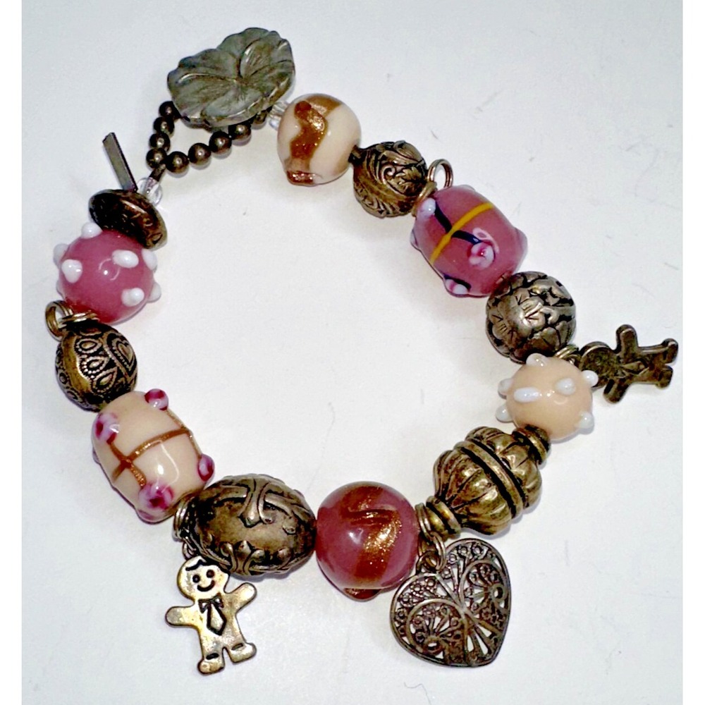 Bead Bracelet Sterling Silver Gingerbread‎ Heart Charm Murano Cupcake Glass Pink